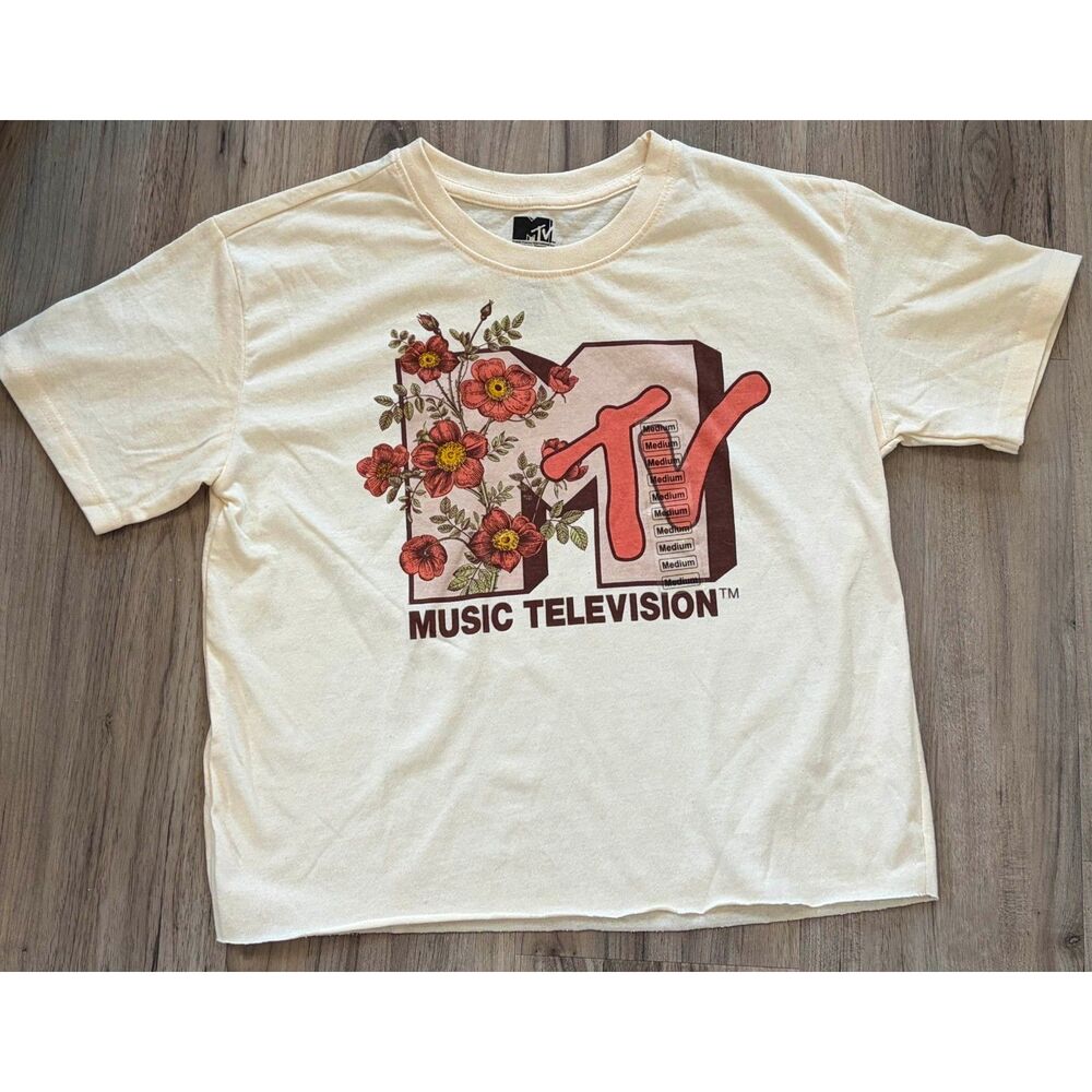 MTV Music Television Floral Logo Cropped Graphic Tee Cream Beige Women's Size M